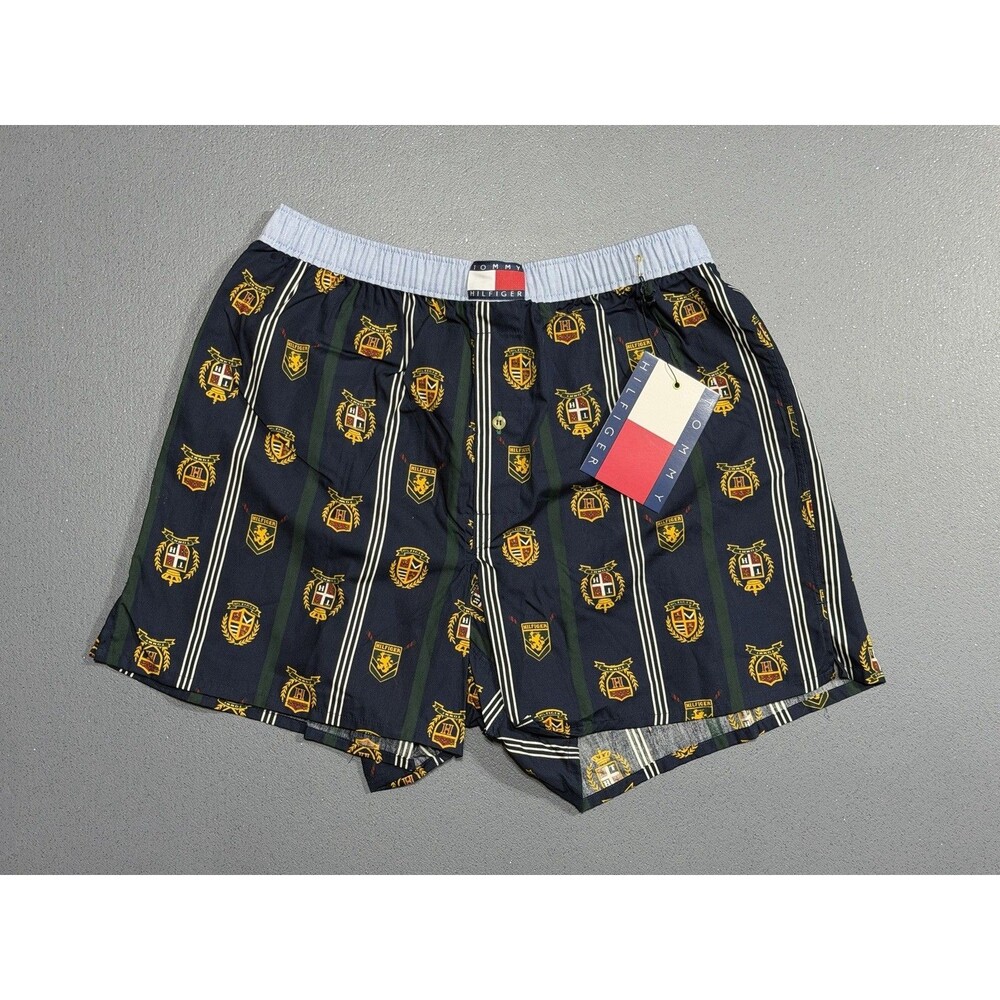 NWT Vtg 90s Tommy Hilfiger Crest Boxers Large Navy Green Stripe Lounge Shorts